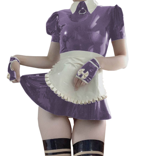 Women Puff Sleeve A-line PVC Maid Mini Dress with Apron Sexy Exotic Shiny Faux Leather French Maid Dress Servant Cosplay Costume