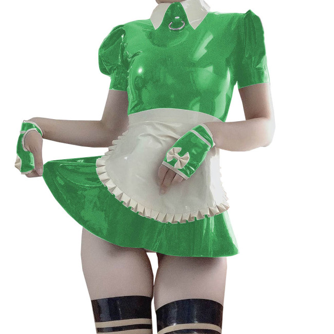 Women Puff Sleeve A-line PVC Maid Mini Dress with Apron Sexy Exotic Shiny Faux Leather French Maid Dress Servant Cosplay Costume