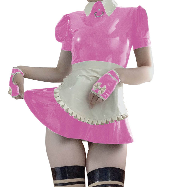 Women Puff Sleeve A-line PVC Maid Mini Dress with Apron Sexy Exotic Shiny Faux Leather French Maid Dress Servant Cosplay Costume