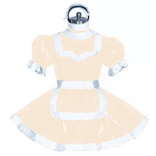 Sissy Lockable Frech Maid Dress White Trimming Turtleneck Short Sleeve PVC Leather Maid Dress Fancy Role Play Outfit with Apron