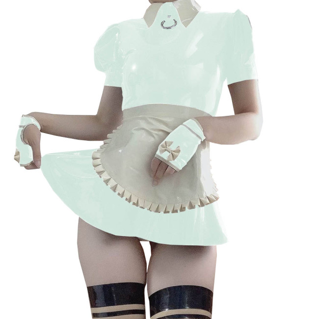 Women Puff Sleeve A-line PVC Maid Mini Dress with Apron Sexy Exotic Shiny Faux Leather French Maid Dress Servant Cosplay Costume