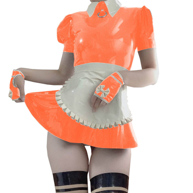 Women Puff Sleeve A-line PVC Maid Mini Dress with Apron Sexy Exotic Shiny Faux Leather French Maid Dress Servant Cosplay Costume