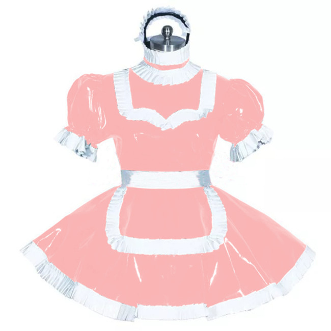 Sissy Lockable Frech Maid Dress White Trimming Turtleneck Short Sleeve PVC Leather Maid Dress Fancy Role Play Outfit with Apron