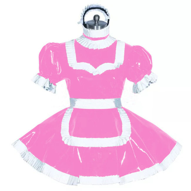 Sissy Lockable Frech Maid Dress White Trimming Turtleneck Short Sleeve PVC Leather Maid Dress Fancy Role Play Outfit with Apron