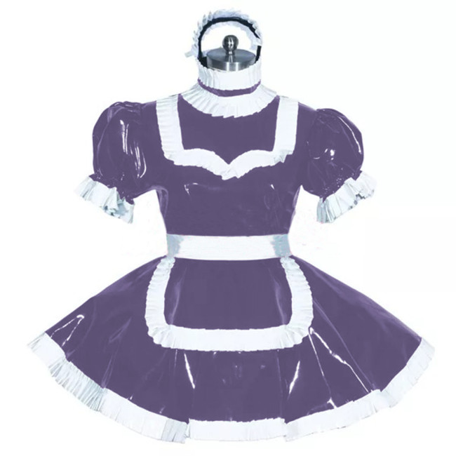 Sissy Lockable Frech Maid Dress White Trimming Turtleneck Short Sleeve PVC Leather Maid Dress Fancy Role Play Outfit with Apron