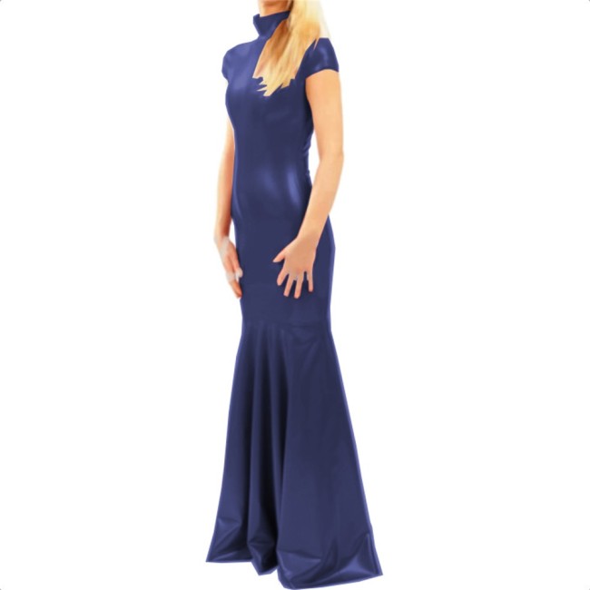 Elegant Short Sleeve Turtleneck PVC Long Mermaid Dress Shiny Faux Leather Evening Party Dress Stretch Floor Length Dress Vestido