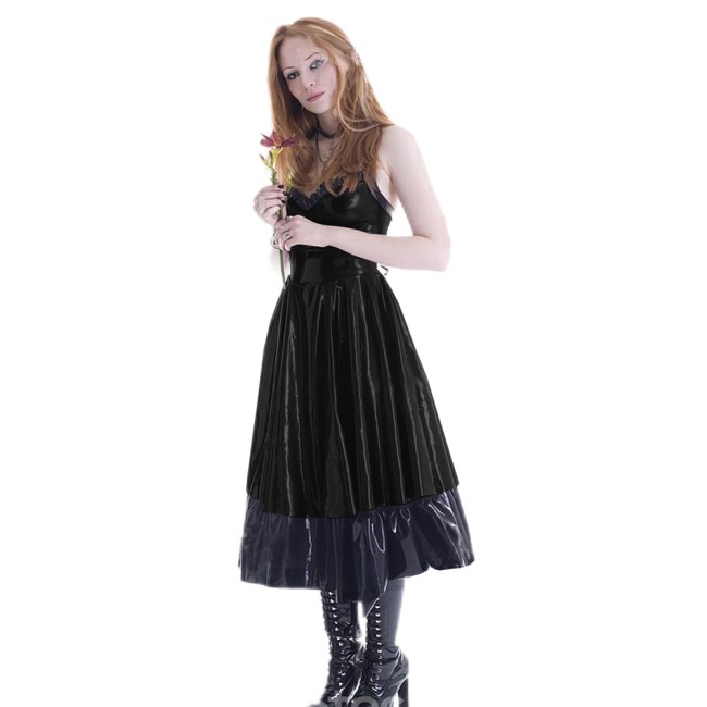 Sexy Shiny PVC Leather Maxi Dress With Black Frills Party Pleated A Line Dress Sleeveless Dress Rave Clubwear For Music Festival