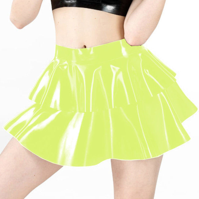 Womens Shiny PVC Double Layered Ruffled Mini Skirt for Pole Dancing Candy Color Faux Leather Pleated Skirts Night Club Costumes