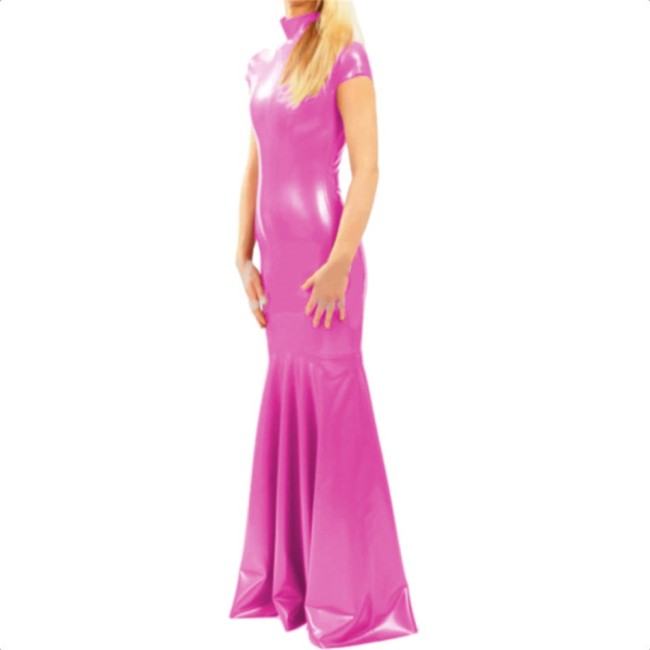 Elegant Short Sleeve Turtleneck PVC Long Mermaid Dress Shiny Faux Leather Evening Party Dress Stretch Floor Length Dress Vestido