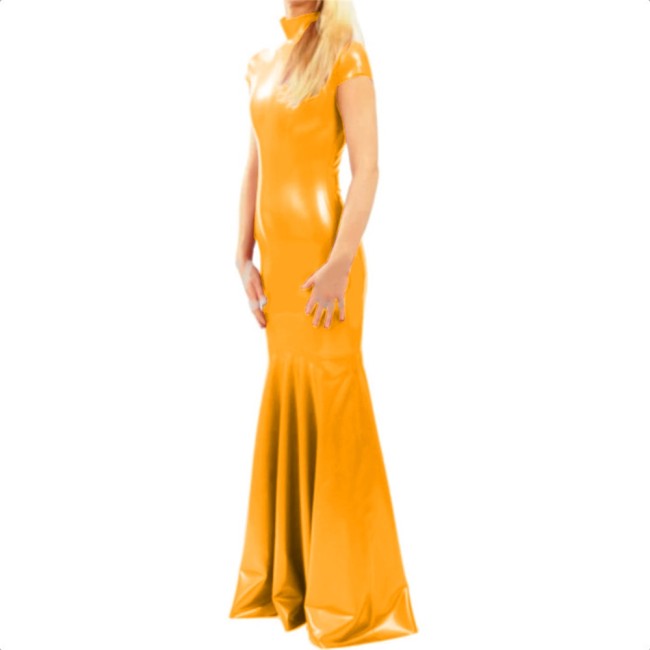 Elegant Short Sleeve Turtleneck PVC Long Mermaid Dress Shiny Faux Leather Evening Party Dress Stretch Floor Length Dress Vestido