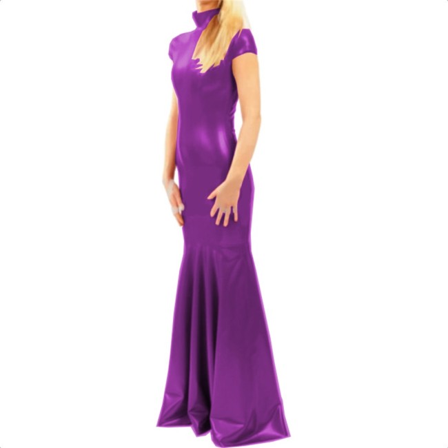 Elegant Short Sleeve Turtleneck PVC Long Mermaid Dress Shiny Faux Leather Evening Party Dress Stretch Floor Length Dress Vestido