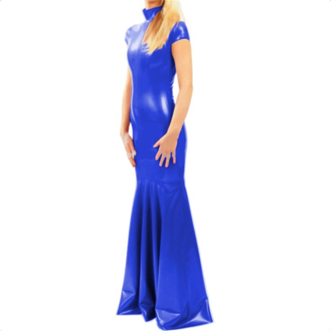 Elegant Short Sleeve Turtleneck PVC Long Mermaid Dress Shiny Faux Leather Evening Party Dress Stretch Floor Length Dress Vestido