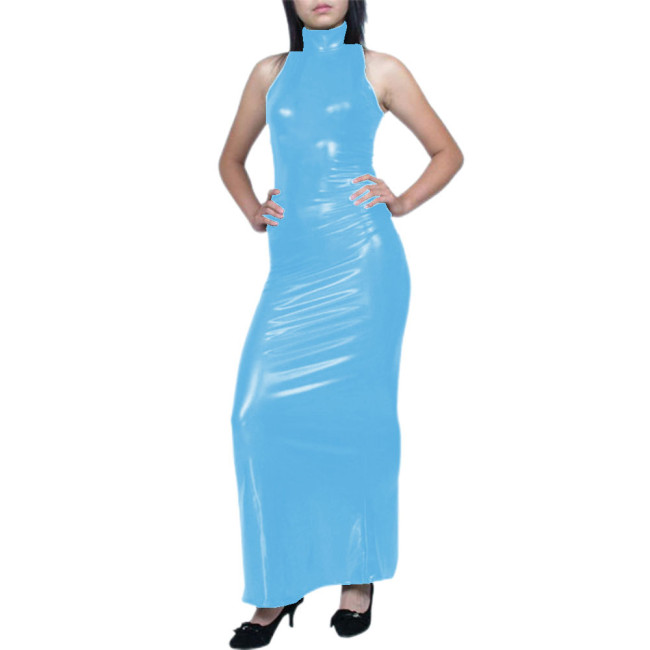 High Neck Zipper Faux Leather Maxi Dress Women Shiny PVC Bodycon Long Dress Sexy Sleeveless Stretch Hobble Dress Clubwear Custom