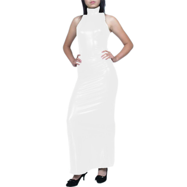 High Neck Zipper Faux Leather Maxi Dress Women Shiny PVC Bodycon Long Dress Sexy Sleeveless Stretch Hobble Dress Clubwear Custom