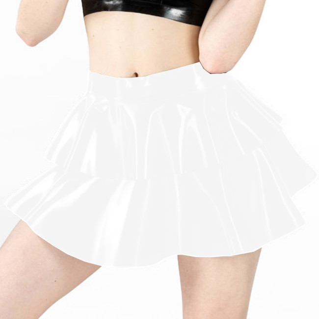 Womens Shiny PVC Double Layered Ruffled Mini Skirt for Pole Dancing Candy Color Faux Leather Pleated Skirts Night Club Costumes