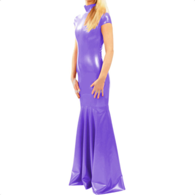 Elegant Short Sleeve Turtleneck PVC Long Mermaid Dress Shiny Faux Leather Evening Party Dress Stretch Floor Length Dress Vestido