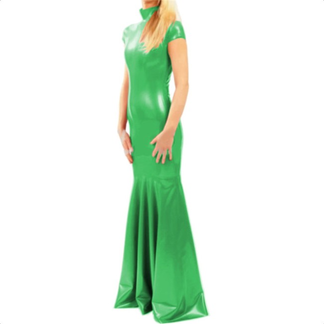 Elegant Short Sleeve Turtleneck PVC Long Mermaid Dress Shiny Faux Leather Evening Party Dress Stretch Floor Length Dress Vestido