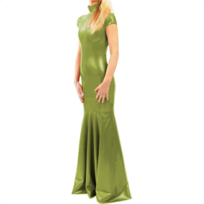 Elegant Short Sleeve Turtleneck PVC Long Mermaid Dress Shiny Faux Leather Evening Party Dress Stretch Floor Length Dress Vestido