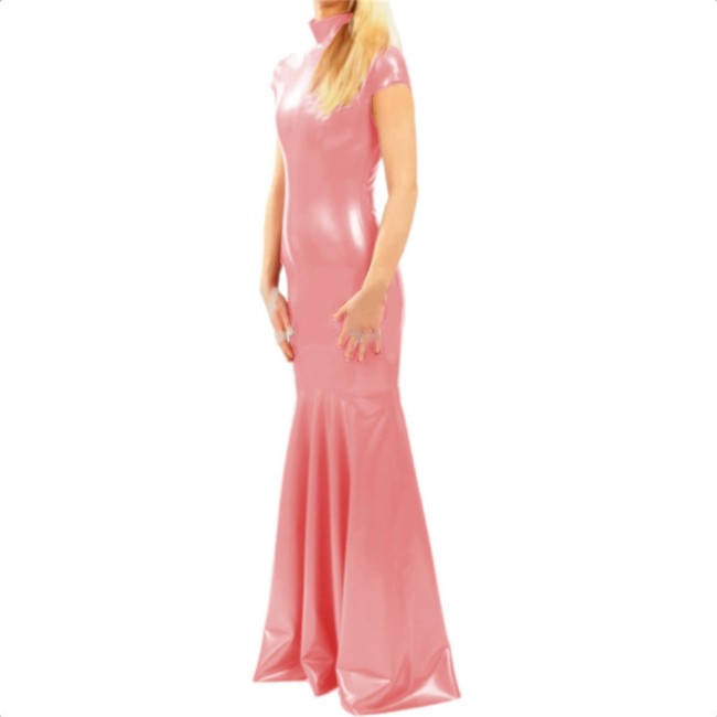 Elegant Short Sleeve Turtleneck PVC Long Mermaid Dress Shiny Faux Leather Evening Party Dress Stretch Floor Length Dress Vestido