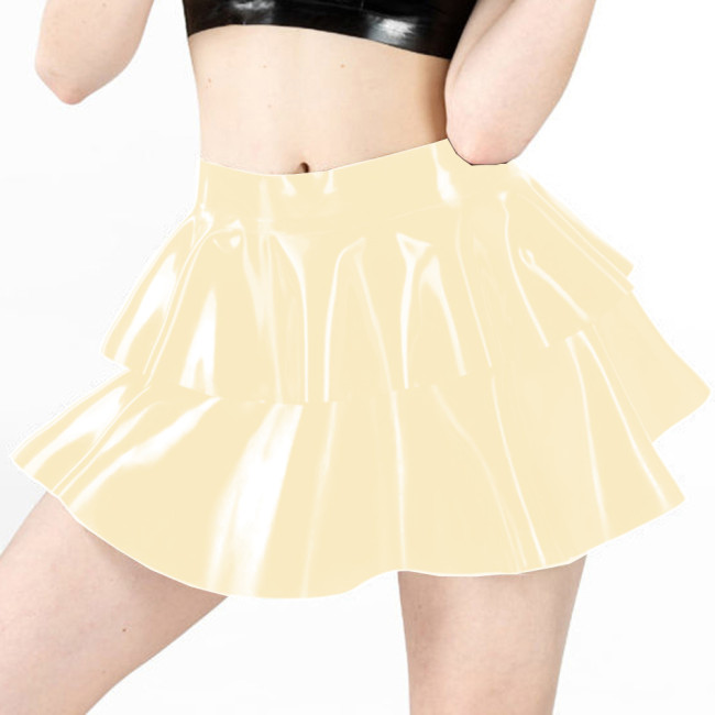 Womens Shiny PVC Double Layered Ruffled Mini Skirt for Pole Dancing Candy Color Faux Leather Pleated Skirts Night Club Costumes