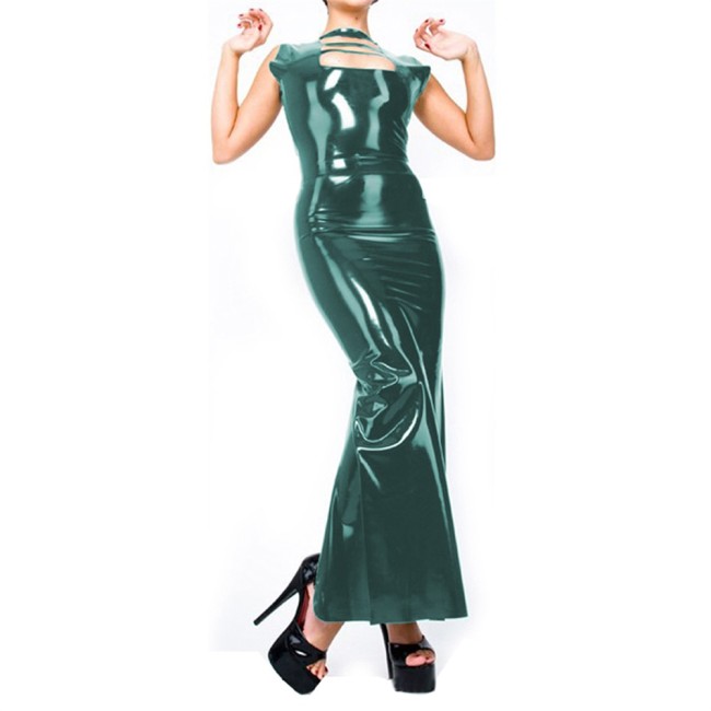 Gothic Sleeveless Faux Latex Bodycon Dress Sexy Open Back Cutout Striped PVC Maxi Dress Wet Look Fetish PVC Long Pencil Dress