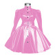 Shiny PVC Leather TurtleNeck Dress Autumn Solid Button Long Puff Sleeve A-Dress Fashion Elegant Chic Pleated Vinyl Dress
