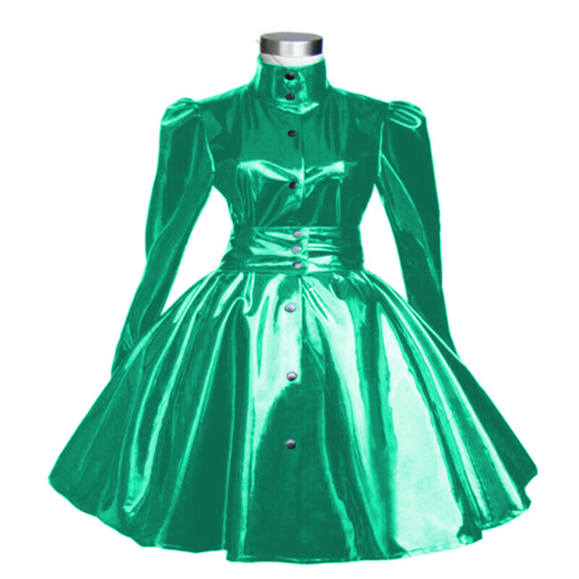 Shiny PVC Leather TurtleNeck Dress Autumn Solid Button Long Puff Sleeve A-Dress Fashion Elegant Chic Pleated Vinyl Dress