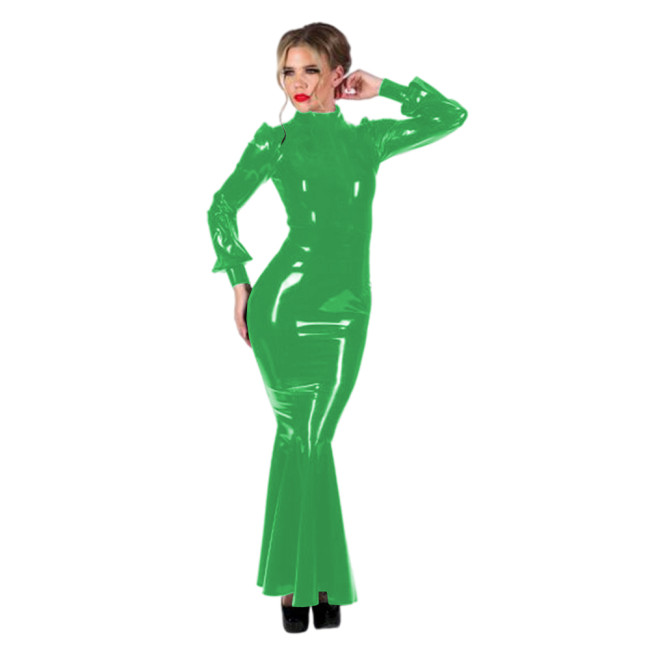 Mermaid Long Dress Women Gothic Turtle Neck Bodycon Dress Long Lantern Sleeve Wetlook PVC Zipper Back Vestido Vintage S-7XL