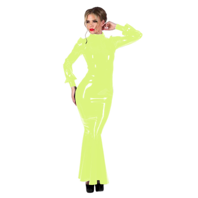 Mermaid Long Dress Women Gothic Turtle Neck Bodycon Dress Long Lantern Sleeve Wetlook PVC Zipper Back Vestido Vintage S-7XL