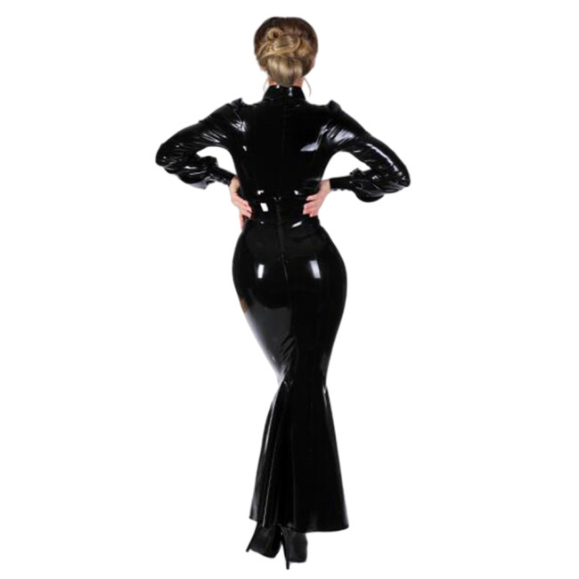 Mermaid Long Dress Women Gothic Turtle Neck Bodycon Dress Long Lantern Sleeve Wetlook PVC Zipper Back Vestido Vintage S-7XL