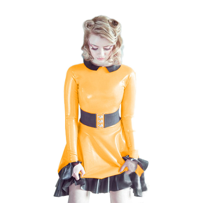 Lolita Style Sweet PVC Leather A-line Dress Women Black Ruffled Long Sleeve Faux Latex Dress Goth Peter Pan Collar Mini Dress