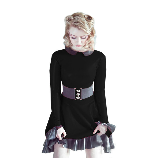 Lolita Style Sweet PVC Leather A-line Dress Women Black Ruffled Long Sleeve Faux Latex Dress Goth Peter Pan Collar Mini Dress