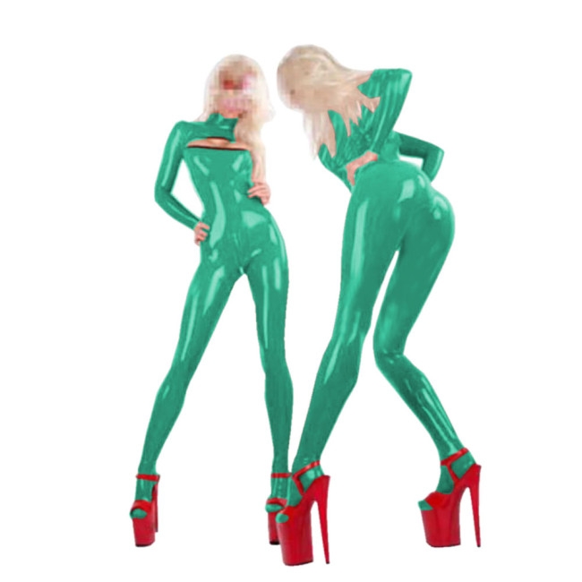 Sexy Hollow Out PVC Catsuit Women Wetlook Faux Leather Long Sleeve Bodysuit Stretchy Gothic Club Open Crotch Jumpsuit Overall