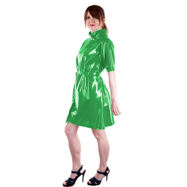 Fashion Casual PVC Dress Women Short Sleeve High Neck Loose Sundress With Belt Elegant Solid Glossy Leather Dresses Vestidos