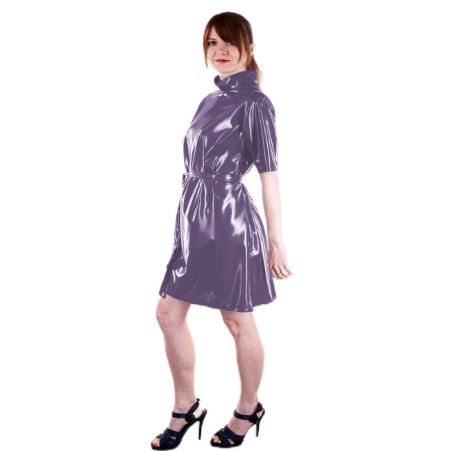 Fashion Casual PVC Dress Women Short Sleeve High Neck Loose Sundress With Belt Elegant Solid Glossy Leather Dresses Vestidos