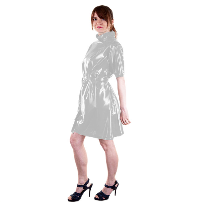 Fashion Casual PVC Dress Women Short Sleeve High Neck Loose Sundress With Belt Elegant Solid Glossy Leather Dresses Vestidos