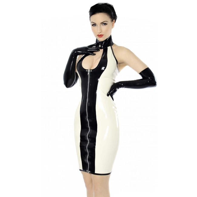 Sleeveless Shiny Leather Skinny Bodycon Dresses With Gloves for Women Black Patchwork PVC Dress with Zipper Sexy Party Dress