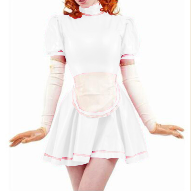 Sexy Sissy PVC French Maid Dress Sweet Wind Puff sleeves Lolita Dress With Apron Wet look PVC Leather Maid Uniform Custom 7XL