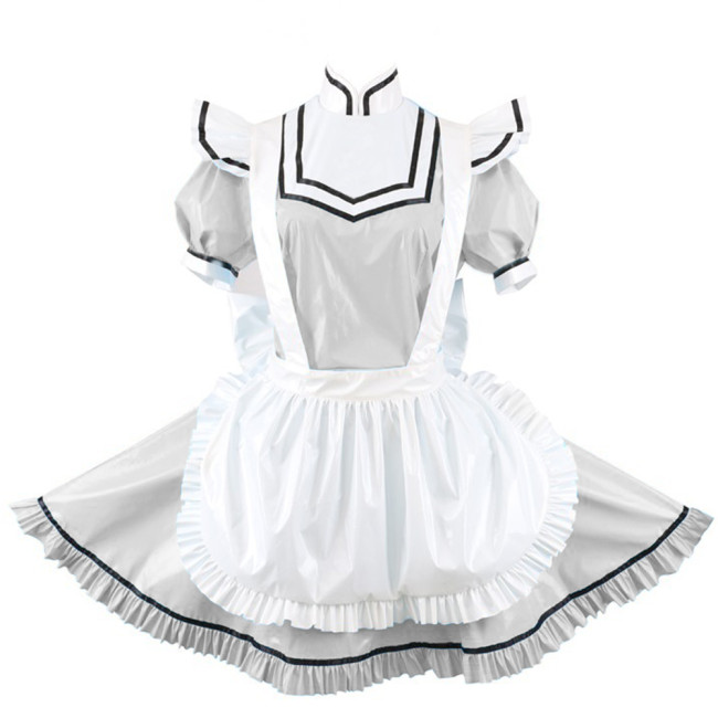 Elegant Splicing Women French Maid Cosplay Mini Dress Short Sleeve High Neck Bodycon Dress PVC Lolita Exotic Dresses With Apron