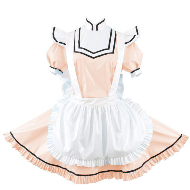 Elegant Splicing Women French Maid Cosplay Mini Dress Short Sleeve High Neck Bodycon Dress PVC Lolita Exotic Dresses With Apron