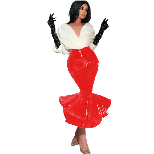 Cocktail Party Glossy Leather Skinny Mermaid Skirt High Waist Elegant Slim Ruffles Shiny PVC Midi Skirt Ladies Date Out Clubwear