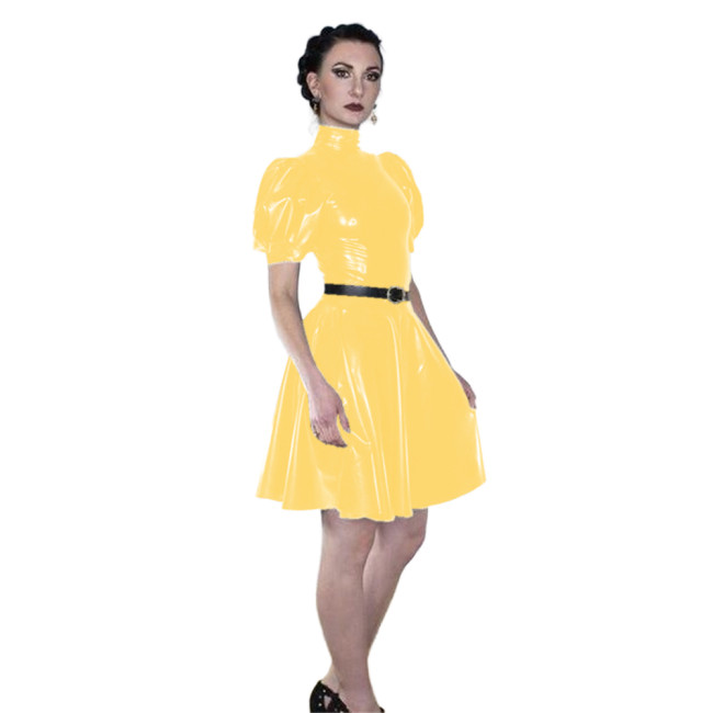 Shiny Faux Latex Skate Dress Summer Puff Short Sleeve Slim Dress Turtleneck PVC Pleated A-Line Dress Cocktail Party Club Dress