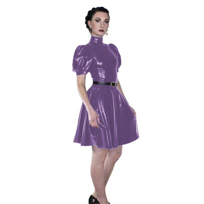 Shiny Faux Latex Skate Dress Summer Puff Short Sleeve Slim Dress Turtleneck PVC Pleated A-Line Dress Cocktail Party Club Dress