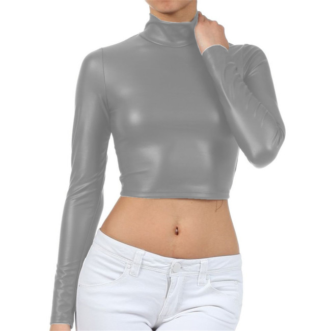 Shinny Patent Leather Long Sleeve High Neck Sexy Skinny Sheath Crop Top Bodycon Tee Fetish Club Tops Shirts for Women Plus Size