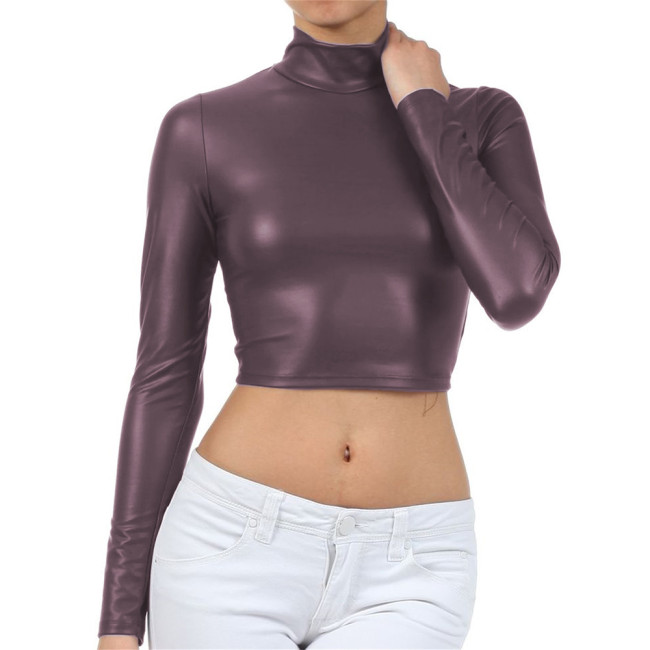 Shinny Patent Leather Long Sleeve High Neck Sexy Skinny Sheath Crop Top Bodycon Tee Fetish Club Tops Shirts for Women Plus Size