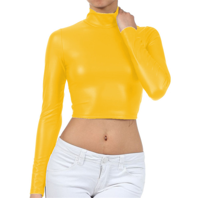 Shinny Patent Leather Long Sleeve High Neck Sexy Skinny Sheath Crop Top Bodycon Tee Fetish Club Tops Shirts for Women Plus Size