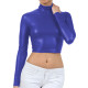 Shinny Patent Leather Long Sleeve High Neck Sexy Skinny Sheath Crop Top Bodycon Tee Fetish Club Tops Shirts for Women Plus Size