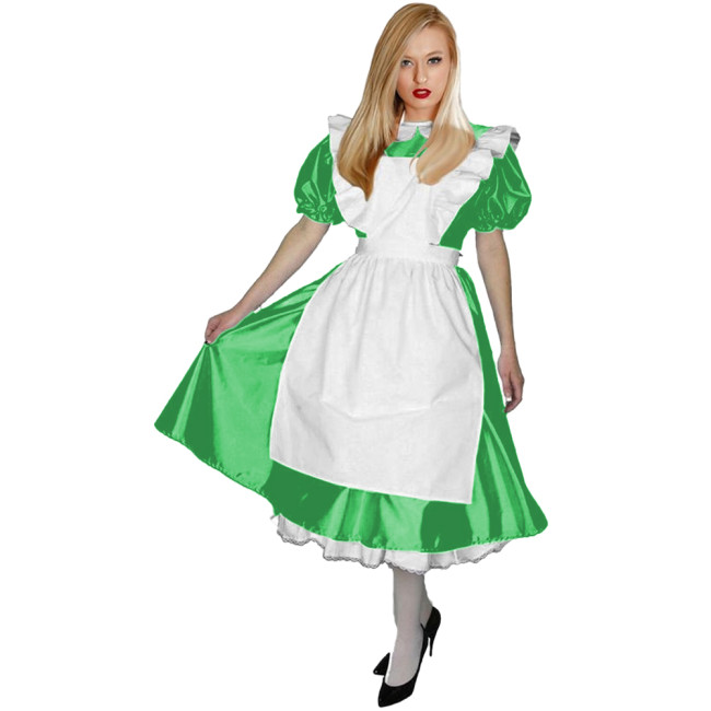 Shiny PVC Leather Lolita Maid Uniforms Peter Pan Collar French Maid Midi Dress with Ruffle Apron Halloween Maid Cosplay Costume