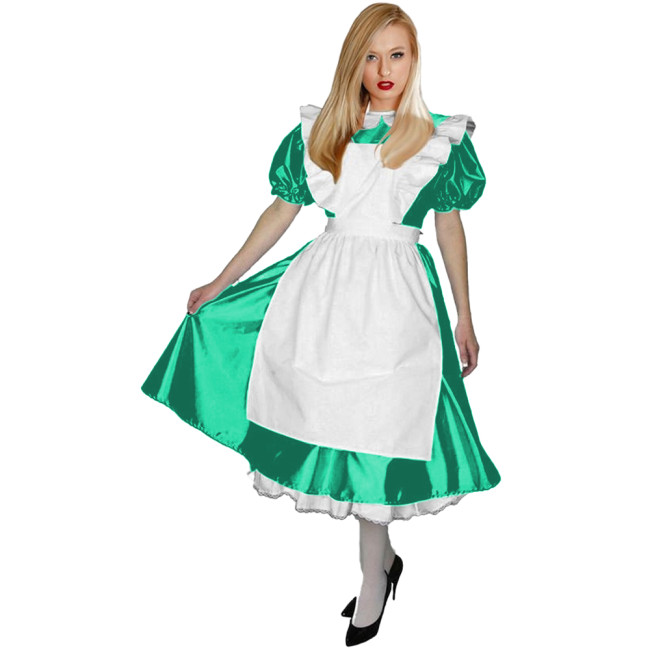 Shiny PVC Leather Lolita Maid Uniforms Peter Pan Collar French Maid Midi Dress with Ruffle Apron Halloween Maid Cosplay Costume