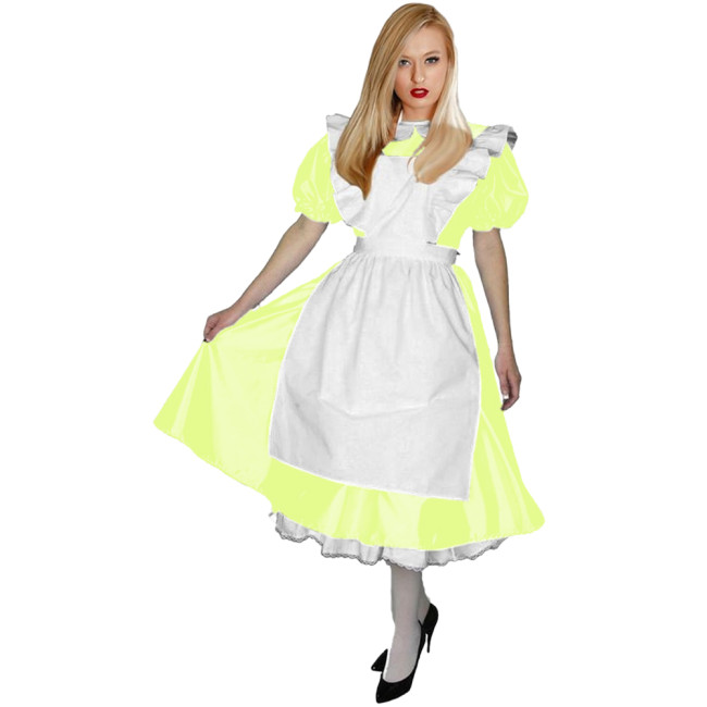 Shiny PVC Leather Lolita Maid Uniforms Peter Pan Collar French Maid Midi Dress with Ruffle Apron Halloween Maid Cosplay Costume